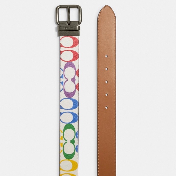 NWT Coach 3Roller Buckle Cut To Size Reversible Belt In Rainbow Signature 38MM - Picture 2 of 2